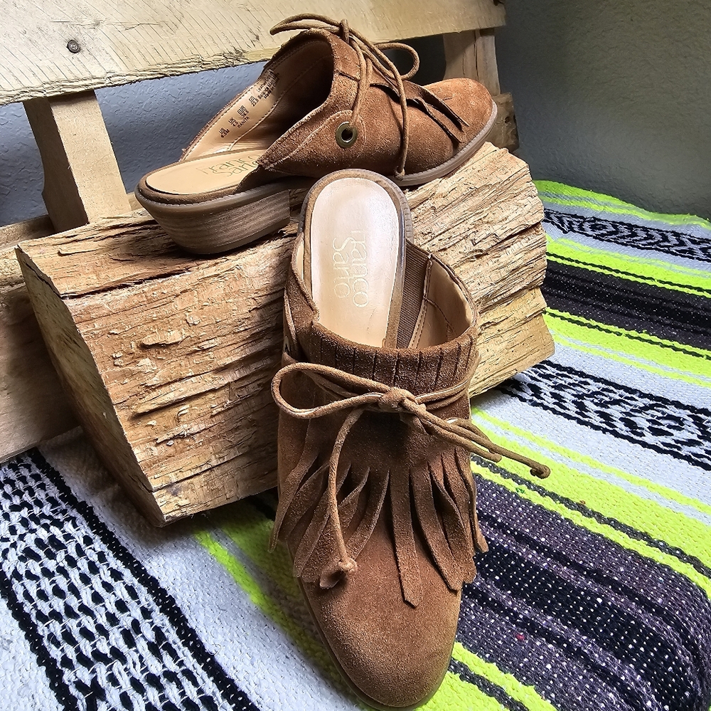 Franco Sarto Ranita fringe moccasin mules women's size 6.5 M tan suede